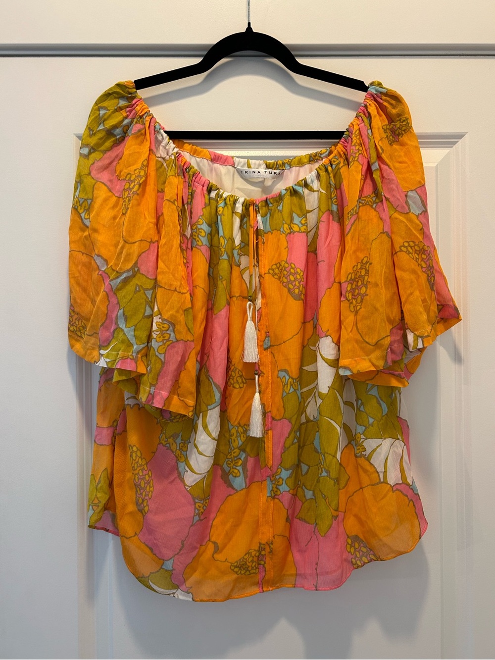 Trina Turk Floral Off Shoulder Silk Blend Boho Peasant Top Tassel Tie - Picture 2 of 8
